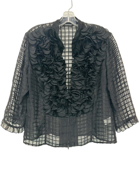 Samuel Dong Black Organza Ruffle Jacket Sheer Grid Zip Front M L layering jacket